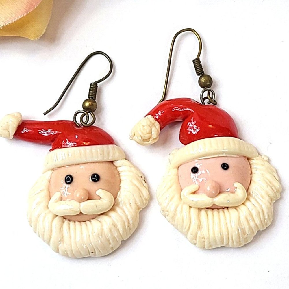 Vintage Santa Claus Face Dangle Earrings Pierced Red Hat Christmas Holiday